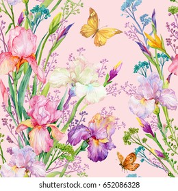 seamless pattern .irises flowers and yellow butterfly.exotic print fabric,Wallpaper.watercolor illustration.