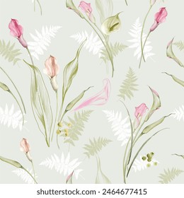 Seamless pattern of isolated botanical elements (pink calla flowers and twigs, blades of grass, leaves) handmade (watercolor, graphic) on a colored background. Ideal for wedding design, celebrations.