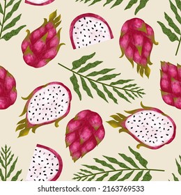 Seamless pattern with Isolated dragon fruits on textured light beige background. Tropical exotic pitayas fruits and palm leaves for print, packaging, wallpaper and decoration.