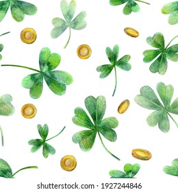 Seamless pattern of isolated green shamrock leaves with golden coins on white background. St-Patrick day holiday endless background with hand drawn green clover leaves to to celebrate irish tradition.