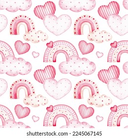 Seamless pattern isolated on white background. Hand drawn by watercolor. Cute rainbows, clouds, hearts and love symbols. Valentine's day digital paper - Powered by Shutterstock