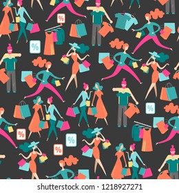 Seamless pattern with isolated people on shopping. Isometric flat graphics. Communication, fitting,  shopaholism.  illustration