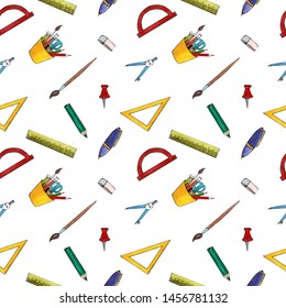 Seamless Pattern With Isolated Watercolor Clipart, School Set, Back To School, Day Of Knowledge.