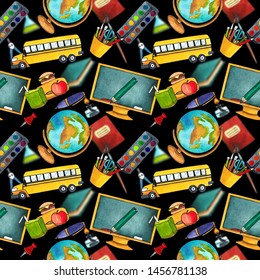 Seamless Pattern With Isolated Watercolor Clipart, School Set, Back To School, Day Of Knowledge.