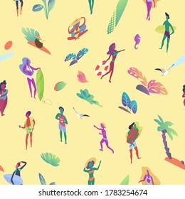 Seamless pattern of isometric tiny people at the beach. Diverse collection of small men and woman top view illustration