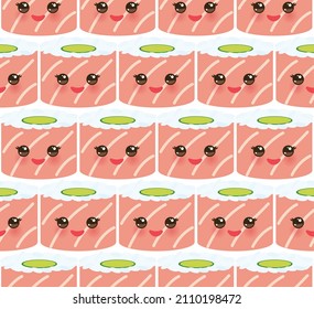 Seamless Pattern Japanese Kawaii Funny Sushi Roll With Pink Cheeks And Big Eyes, Emoji. White Background. 