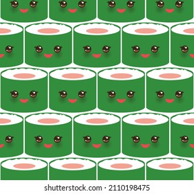 Seamless Pattern Japanese Kawaii Funny Sushi Roll With Pink Cheeks And Big Eyes, Emoji. White Background. 