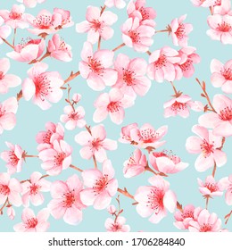 Seamless Pattern With Japanese Sakura With Pink Flowers. Cherry Blossom Background For Textile, Wallpaper Or Wrapping Paper.