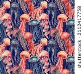 Seamless pattern with jellyfish. Marine background. watercolor illustration