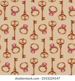 seamless pattern with keys and rings. hand drawn illustration. wrapping, gift box, diamond