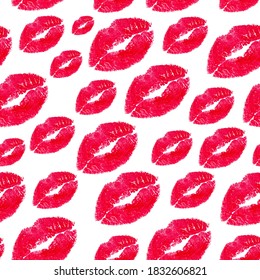 Seamless pattern kiss red lipstick on isolated white background.