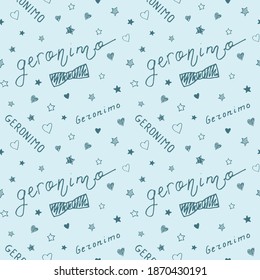 Seamless pattern with kisses, hearts, stars, bow ties on light blue background. Hand drawn by marker elements and lettering for Valentine's Day illustration.