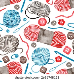Seamless pattern with knitting and crochet tools. Yarn skeins. Watercolor illustration.