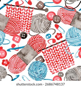 Seamless pattern with knitting and crochet tools. Yarn skeins. Watercolor illustration.