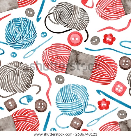 Seamless pattern with knitting and crochet tools. Yarn skeins. Watercolor illustration.