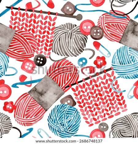 Seamless pattern with knitting and crochet tools. Yarn skeins. Watercolor illustration.