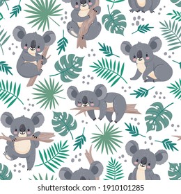Seamless pattern with koalas. Cute australian bears and tropical leaves. Cartoon baby koala design.  nature background for kids. Illustration koala australia wallpaper, leaf and animal wrapping