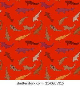 Seamless pattern Koi carp nishikigoi literally brocaded carp. Brown orange yellow Common carp that are kept in outdoor koi ponds water gardens. black outline on red background sketch doodle. 