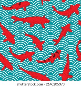 Seamless pattern Koi carp nishikigoi literally brocaded carp. Red fish. black outline sketch doodle. azure teal burgundy maroon Nature oriental background with japanese wave circle pattern. 
