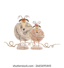 Seamless pattern of lambs statuettes ball traditional wool yarn of Iceland on wooden stands. Watercolor isolated white illustration. For fashion and travel magazines, design cards, banners clip art.