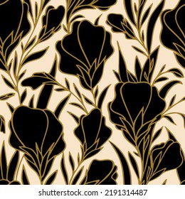 Seamless Pattern Of Large Black Flower Buds With A Golden Outline On A Beige Background, Bright Floral Texture, Design