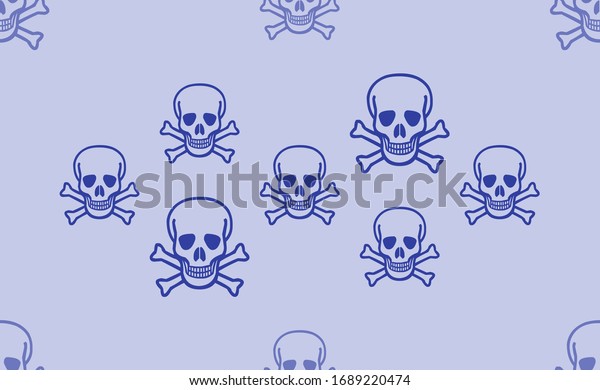 Seamless pattern of large isolated blue\
skulls. The pattern is divided by a line of elements of lighter\
tones. Illustration on light blue\
background