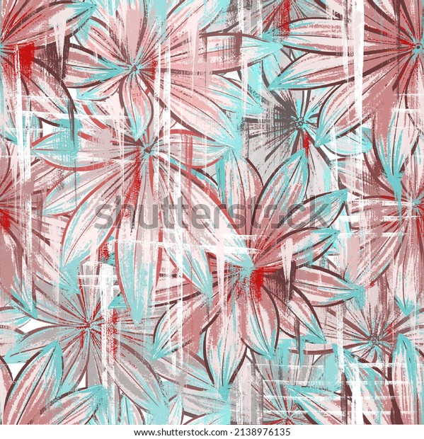 Seamless pattern wall mural. Large leaves in light pink and blue tones.