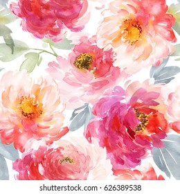 Seamless Pattern With Large Watercolor Flowers By Peonies.