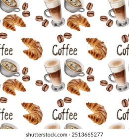 Seamless pattern of Latte, coffee with croissant and coffee beans. High quality Watercolor illustration for a bakery, pastry shop, coffee shop and cafe. for printing, textiles, decor - Powered by Shutterstock