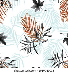 Seamless Pattern Of Leaf Print With Effect In Black And White Gradient With A Single Color To Give Luminosity Ideal For Men's Shirts And Shorts.