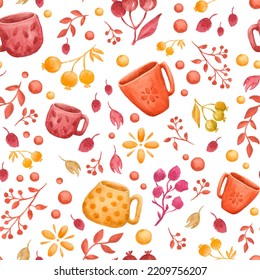 seamless pattern of leaves, berries, twigs and cute cups hand-drawn in watercolor, simple stylization, white background - Powered by Shutterstock