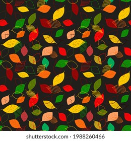 A seamless pattern of leaves of different shapes and colors. Hand-drawn illustration in the style of doodle, digital illustration. Ready design for fabric, clothing, gift paper and other items.