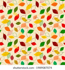 A seamless pattern of leaves of different shapes and colors. Hand-drawn illustration in the style of doodle, digital illustration. Ready design for fabric, clothing, gift paper and other items.