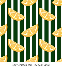 Seamless pattern of lemon slices on green and white stripes