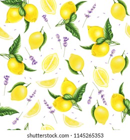 Seamless pattern with lemons, leaves and lavender, watercolor painting. For design cards and textile