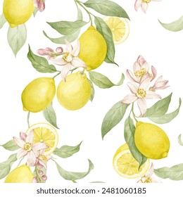 Seamless pattern of lemons. Lemon tree branches, lemon fruits and flowers in a beautiful pattern for your projects.