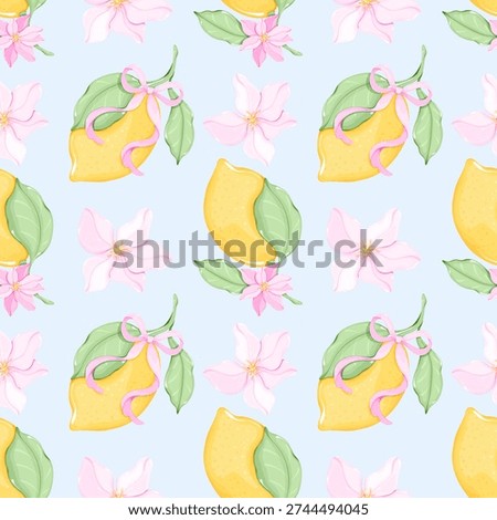 Seamless pattern with lemons, pink bows and flowers, hand-drawn citrus fruit on light blue background in coquette aesthetic style