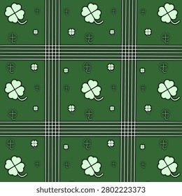 A seamless pattern of light green four-leaf clovers scattered across a dark green background. 