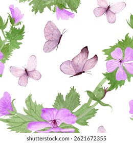 Seamless pattern with light purple geranium maculatum flowers , leaves and butterflies by watercolor