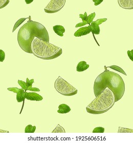 Seamless Pattern With Lime And Mint In Watercolor Style