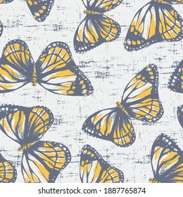 Seamless pattern linen or wood texture design with complex kissing butterflies and watercolor painted effect. Textile print for bed linen, jacket, package design, fabric and fashion concepts.