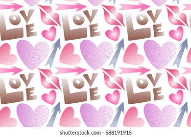 Seamless pattern with lips, hearts, arrows. Love symbols in violet, pink and brown colors on a white background. Raster abstract pattern for girls or boys, can be used for textile, fabric, clothes.