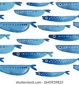 Seamless pattern of little blue fish holding cute newborn baby cartoon character