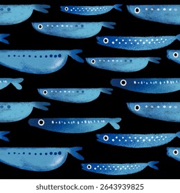 Seamless pattern of little blue fish holding cute newborn baby cartoon character