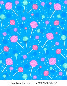 Seamless pattern with lollipops chupa-chups on blue background. Cool Abstract Groovy Patterns Y2k Style. Trendy Funky Backgrounds.
