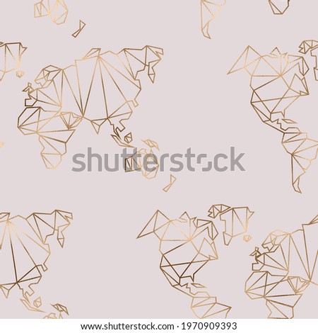SEAMLESS PATTERN LOW POLY WORLD MAP IN GOLD ROSE METALLIC TEXTURE ON PINK PASTEL BACKGROUND 