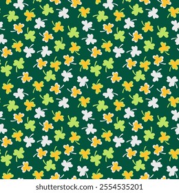 Seamless Pattern Lucky Clover Leaf. Background Green Yellow Clover. Three Petal Clover Flower Repeat Illustration Fabric Motif. 