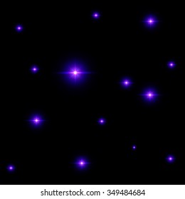 Seamless pattern of luminous stars. Illusion of light flashes. Illustration of purple flames on a black background. Abstract background. 