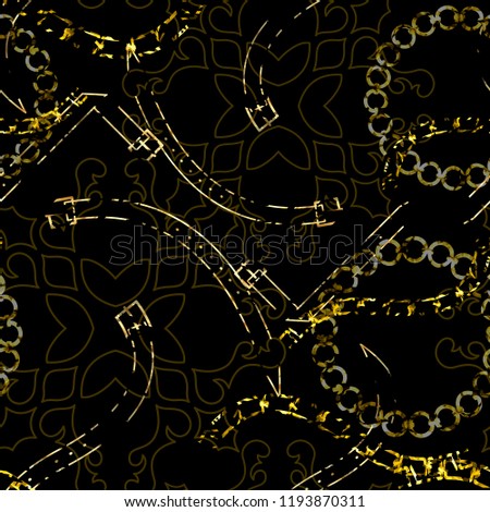 Seamless pattern luxury design. Creative background with belts, ethnic ornaments, chains and watercolor effect. Textile print for bed linen, jacket, package design, fabric and fashion concepts.