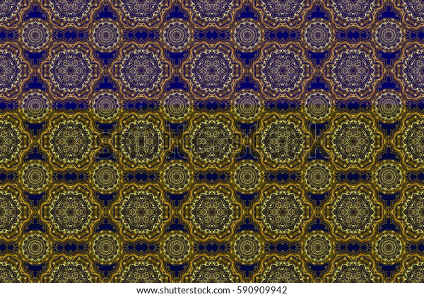 Seamless pattern with Luxury Ornament On a blue\
Background. Raster illustration. Elegant Christmas Poster Template\
with Golden\
Elements.